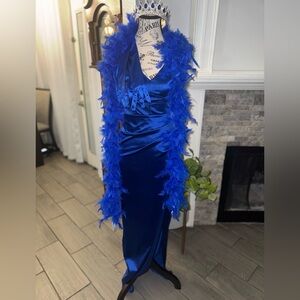 Elegant Blue Satin Dress with Feather Boa